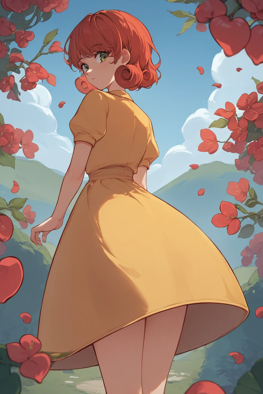 source_anime, score_9, score_8_,  a girl nSpenny Stardew,  green eyes ,  short hair,  red hair , toys,  curly hair, from behind,  yellow dress ,  looking back, spring, cherry petals , Outdoors your ass stands out on the dress. Dress closer to the body 