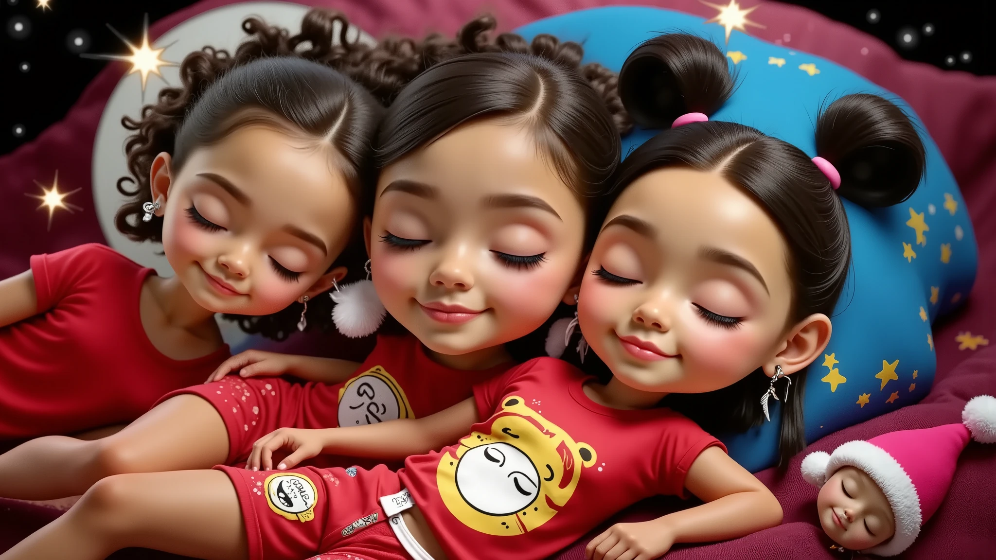 A 3D render of three Disney Pixar-style babies sleeping in Christmas-themed pajamas. The pajamas are red with yellow emojis and Christmas hats. The babies are in the center, with one boy and two girls. The boy has light brown curly hair and is tan-skinned. The first girl has black hair that reaches her shoulders and wears a feather earring. The second girl has black curly hair in two ponytails and wears paintbrush earrings. They are sleeping peacefully with a slight smile and are leaning on each other. The background contains a sparkling star, a full moon, and a sky full of stars. The babies are lying on white clouds. The image is high resolution and high quality.