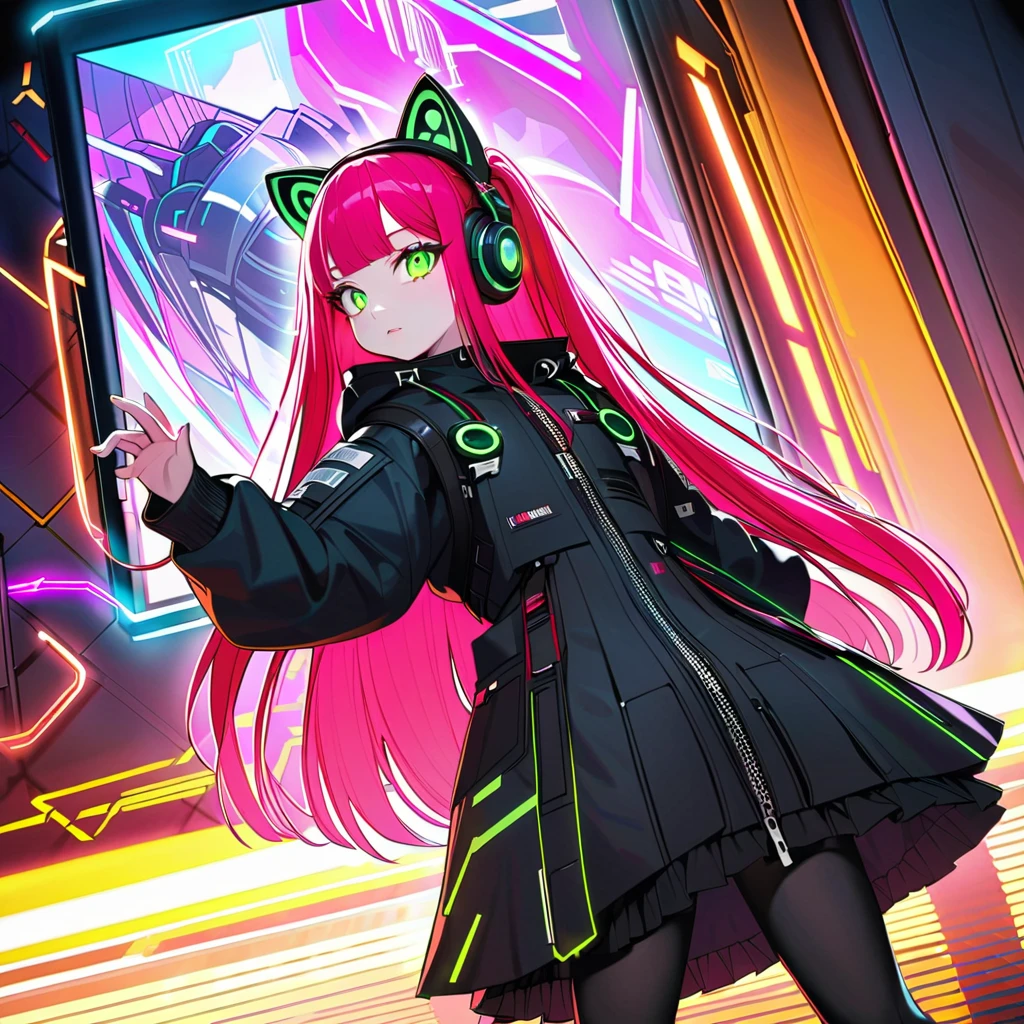 (8K, best quality, master piece:1.2),super high resolution,cyberpunk,1 android girl,solo,14yo,ultra-detailed face,ultra-detailed eyes,brown eyes,long hair,straight hair,red hair,cat ear headphones,(cyberpunk,lolita fashion:1.2),school tights,gothic boots,fullbody,Dynamic Pose,expressionless,Green neon lights,through from Electronic Billboard,in the air