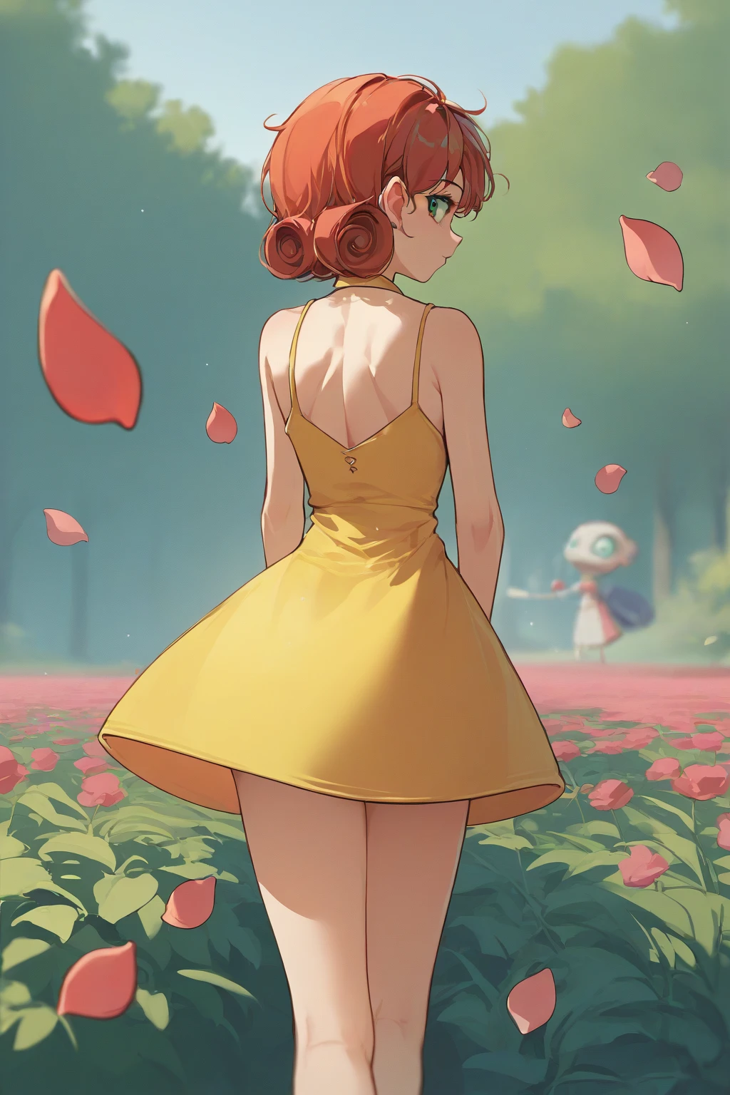 source_anime, score_9, score_8_,  a girl nSpenny Stardew,  green eyes ,  short hair,  red hair , toys,  curly hair, from behind,  yellow dress ,  looking back, spring, cherry petals , Outdoors your ass stands out on the dress. Your dress is glued to the body,sexy