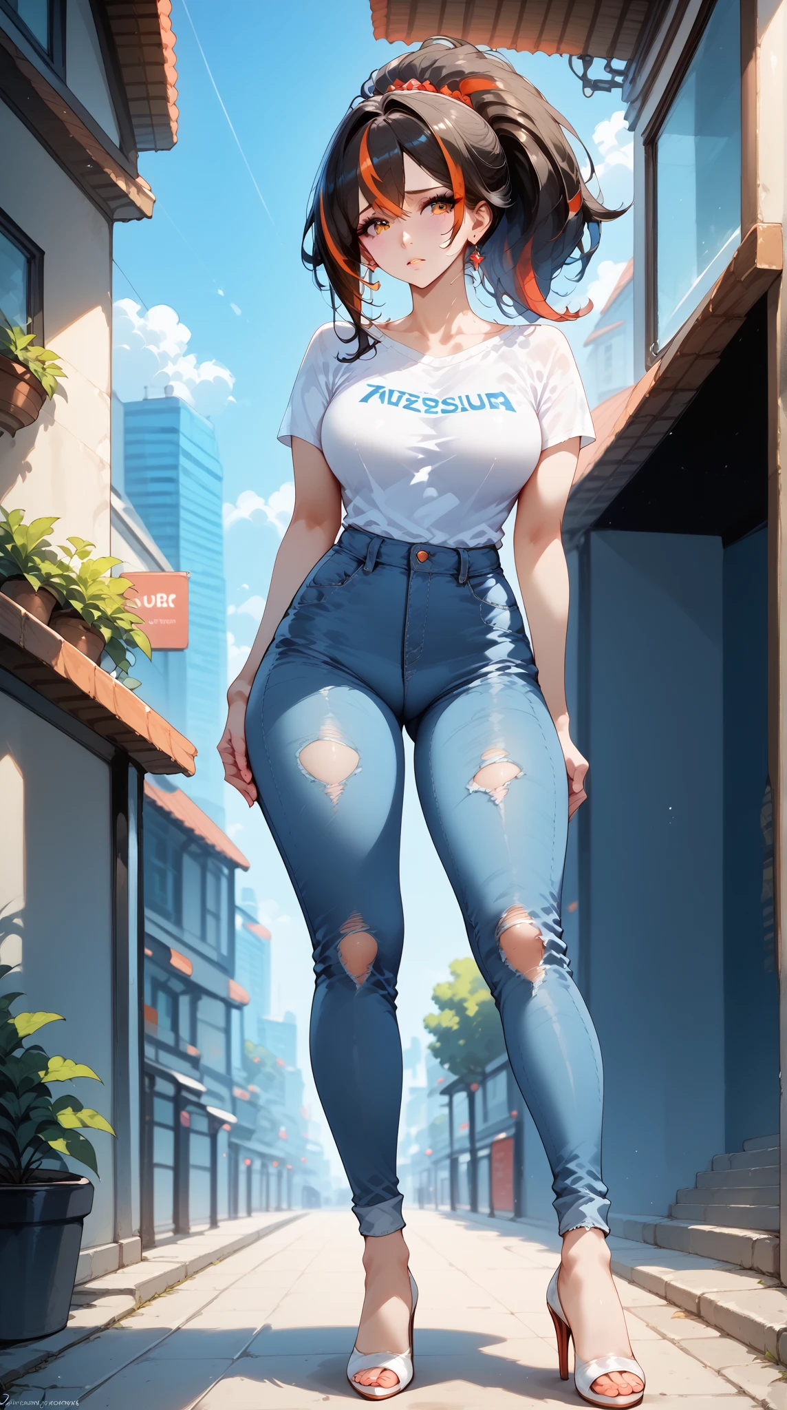 Masterpiece, extremely detailed, high quality,4k,solo,1girl,fullbody,((tall and slim body)),zhuyuan,large breasts, long legs,ponytail streaked hair,beauty eyes,((worried)),arms behind back,looking at viewers,white tshirt,ripped  jeans,high heels,front look, foward facing pose