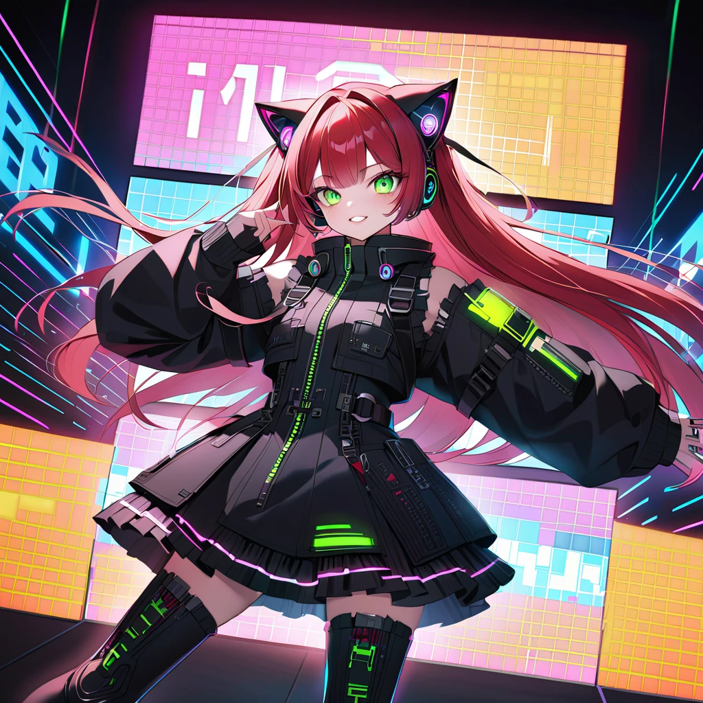 (8K, best quality, master piece:1.2),super high resolution,cyberpunk,1 android girl,solo,14yo,ultra-detailed face,ultra-detailed eyes,brown eyes,long hair,straight hair,red hair,cat ear headphones,(cyberpunk,lolita fashion:1.2),thigh high boots,fullbody,Dynamic Pose,grin,chestnut mouth,Green neon lights,through from Electronic Billboard,in the air