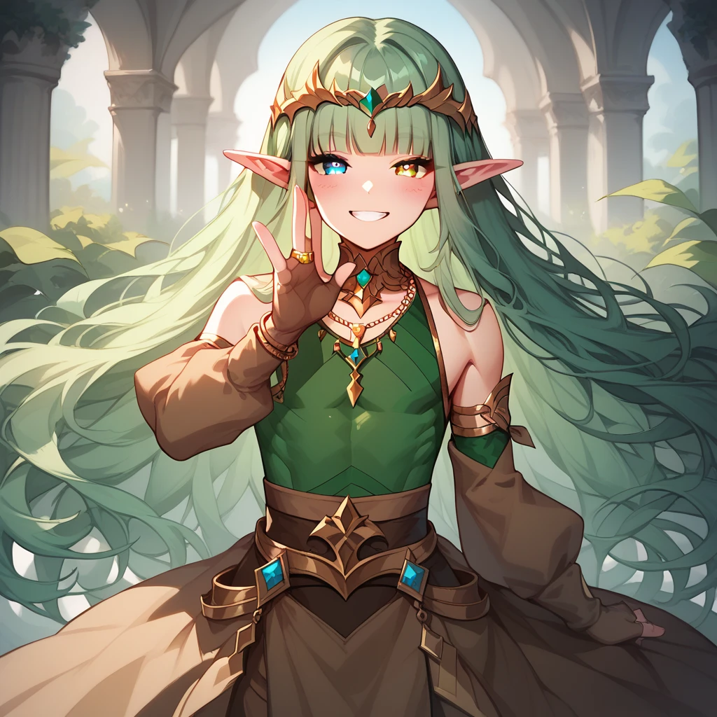 1boy, Solo, Looking At Viewer, Long Pointy Ears, Elf Ears, Long Hair, Hime Cut, Green Hair, Heterochromia, Gold Eye, Pale Blue Eye, Heart Shaped Pupils, Petite, Smile, Blush, Green Mesh Long Sleeve Shirt, Long Brown Skirt, Long Skirt, Brown Gloves, Brown Arm Warmers, Golden Necklaces, Rings, College