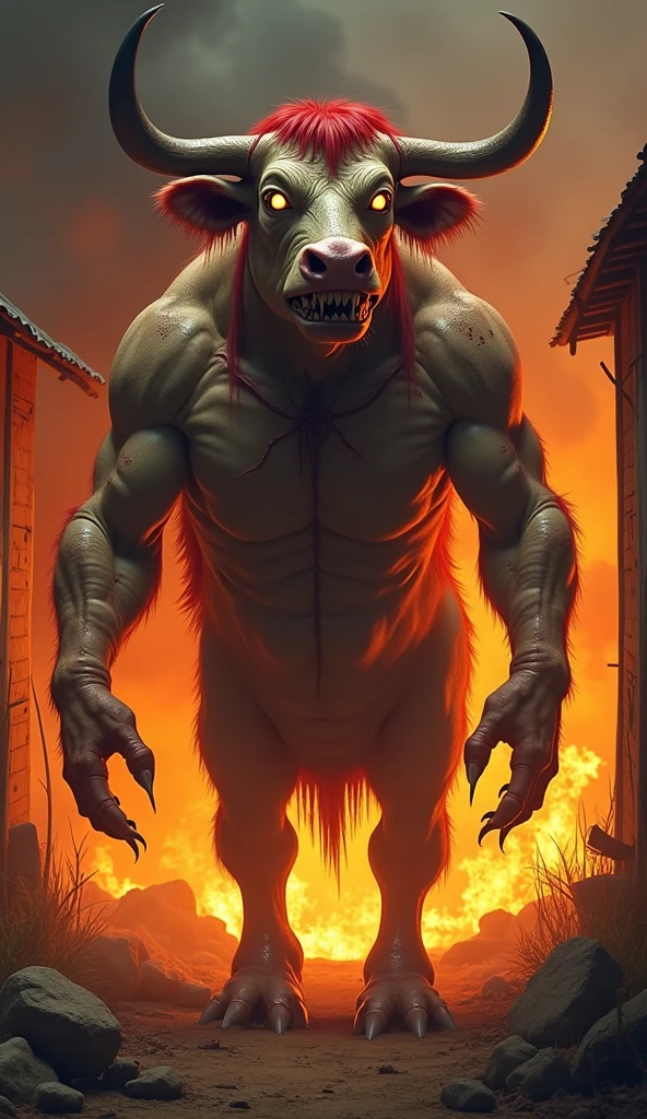 ((best quality)), ((masterpiece)), ((ultra realistic)), ((night)), (dynamic action pose), full body, RAW, Analog, intricately detailed moist pig headed humanoid male monster wearing a loin cloth, fat body, flabby, ((bald)), (leather armor)) sweaty, sharp teeth, (((snarling))), cavernous eyes, ((in a burning tavern)), (diffuse smoke), ((destruction)), professional, masterpiece, cinematic lighting, photographed on a Canon EOS R5, 50mm lens, F/2.8, HDR, 8k resolution, highres, high detail, sharp focus, smooth, roughness, real life, photorealism, photography,