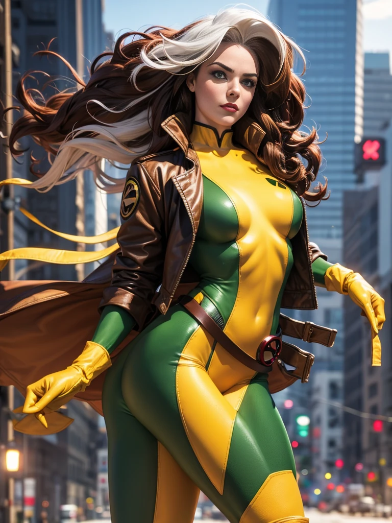 (new york: 1.3), (time square), (master piece, best quality: 1.2), Classic Rogue, 1 girl, Only, long hair, breasts, smile, big breasts, brown hair, green eyes, jacket, big hair , white hair, multicolored hair, parted lips, open clothes, Shovels, Two-tone hair, open jacket, outlined lips, Green and yellow bodysuit, covered navel, makeup, muscular, headband, Abs, tight skin, multicolored clothes, muscular female, dyed fringe, multicolored bodysuit, green bodysuit, yellow bodysuit, Looking at Viewer, (average breasts: 1.3), (hanging breasts: 1.3), (full breasts: 1.3), (realism: 1.5), (Realisitc: 1.4), (Absurdity:1.4), 8k, ultra-detailed, Detailed Beautiful Woman, (only:1.4), 1girl, (Viewer facing:1.2),