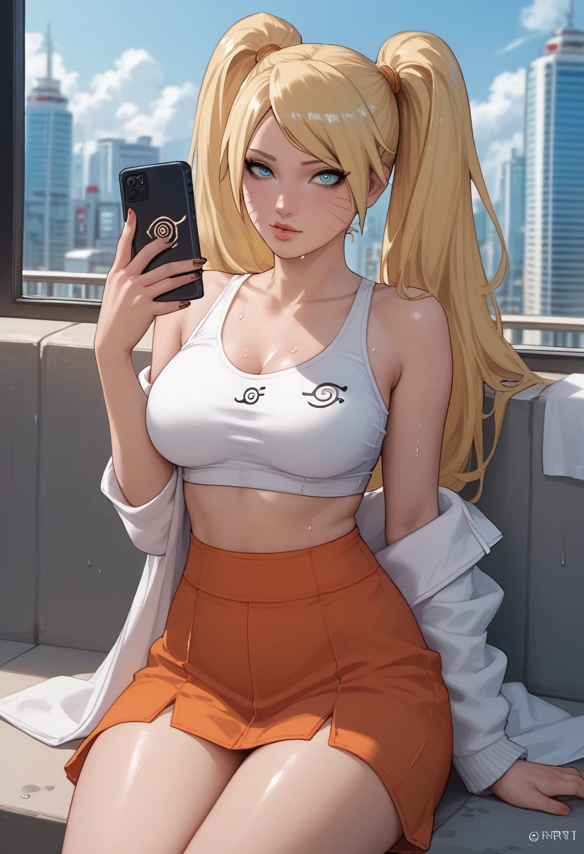  a beautiful  woman naruko (naruto) sitting  outdoors urban city future srxt  mini skrit sweating showing big as horny faces tatto holding smartphone her hands in mini skrit sexy pose sweating