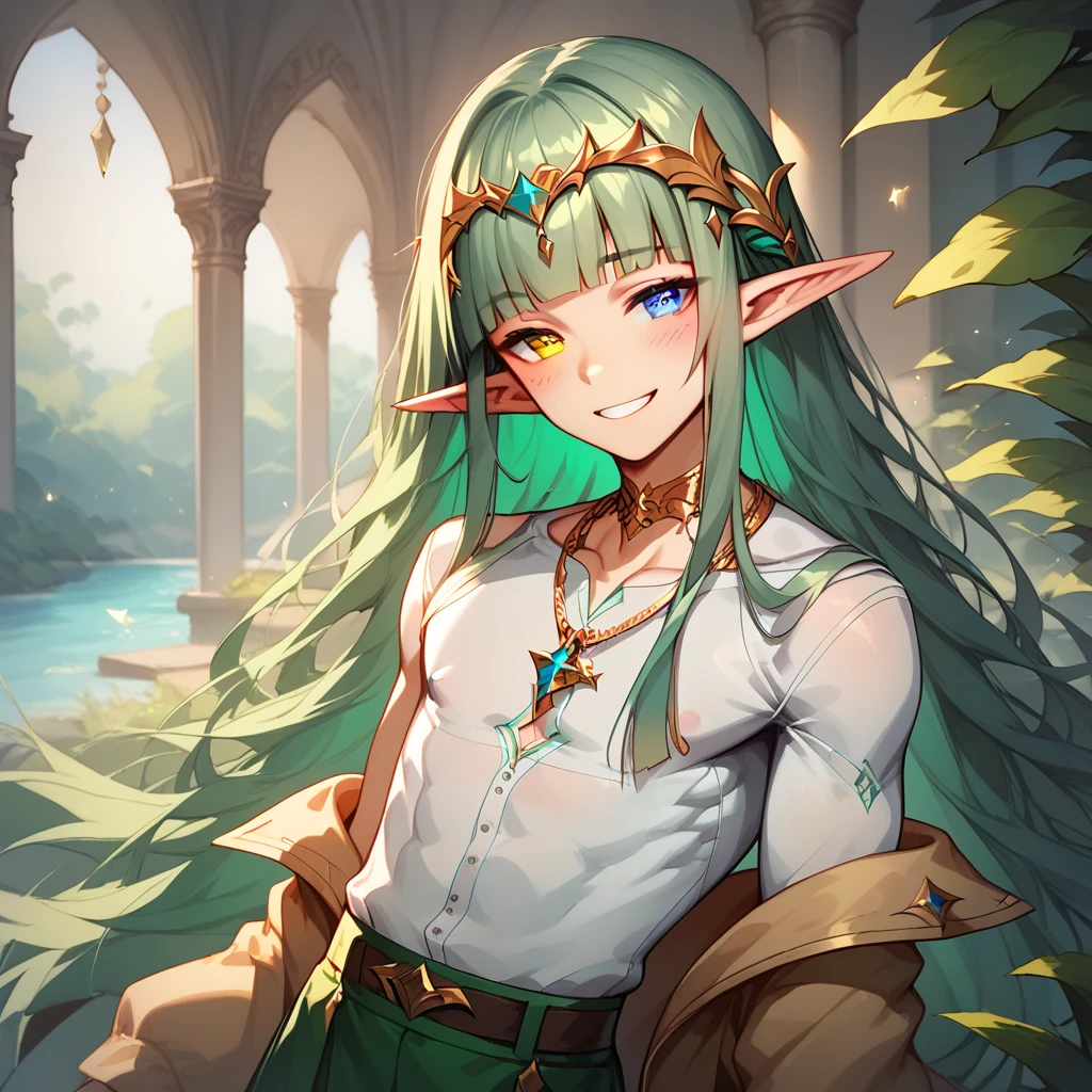 1boy, Solo, Looking At Viewer, Long Pointy Ears, Elf Ears, Long Hair, Hime Cut, Green Hair, Heterochromia, Gold Eye, Pale Blue Eye, Petite, Smile, Blush, Green Mesh Long Sleeve Shirt, Long Skirt, Golden Necklaces, Rings, College