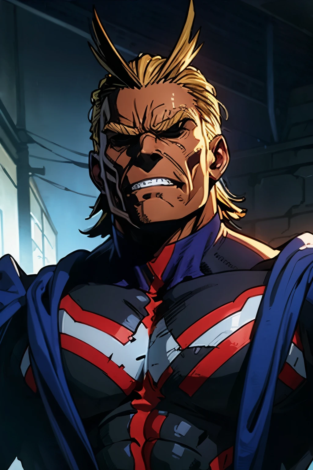 Masterpiece, Best Quality, Ultra-Detailed, 1man, All Might, a powerful evil man in a dark chaotic dystopian suit, extremely detailed, 8k, photorealistic, masterpiece, cinematic lighting, chiaroscuro, moody atmosphere, dramatic shadows, hyper detailed, cinematic composition, intricate details, dark colors, sinister expression, intense gaze, black clothes, dark clothes, sci-fi clothes