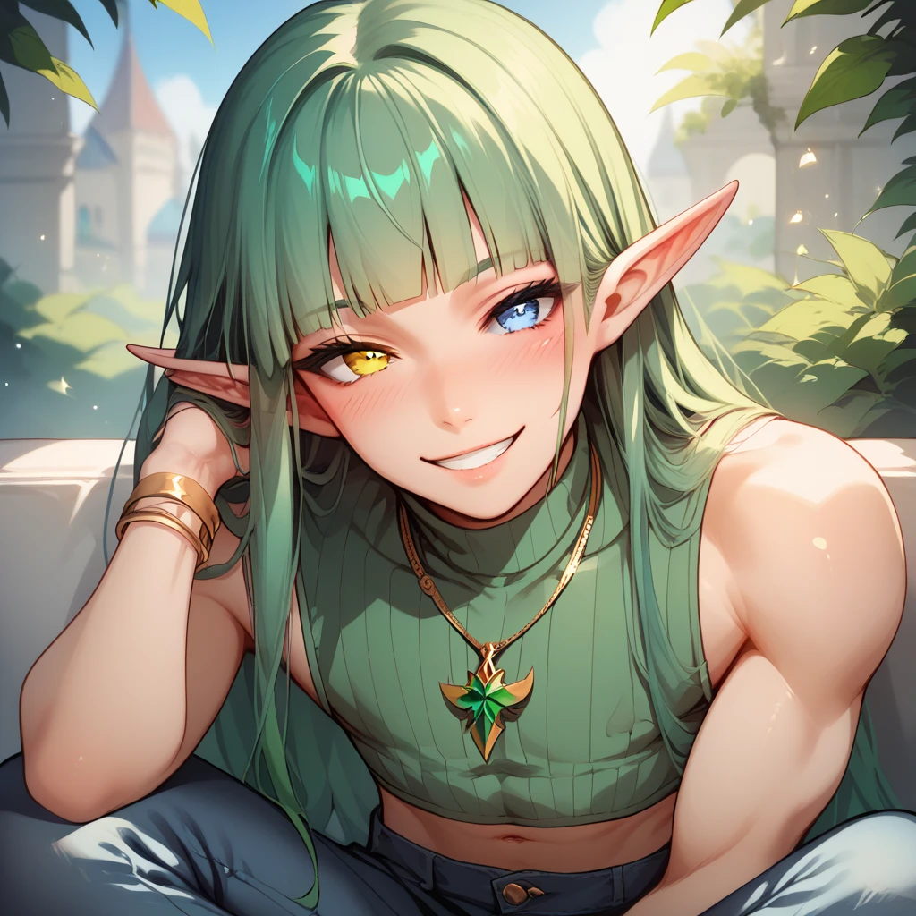 1boy, Solo, Looking At Viewer, Long Pointy Ears, Elf Ears, Long Hair, Hime Cut, Green Hair, Heterochromia, Gold Eye, Pale Blue Eye, Petite, Smile, Blush, Green trutleneck crop top, jeans, Golden Necklaces, Rings, College