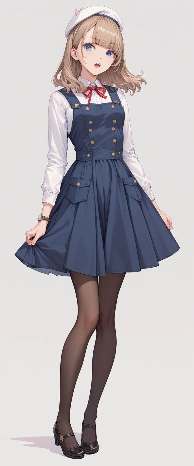 masterpiece,  best quality,  are so pretty,  looking for something in an absurd ,  1 girl , light  brown hair,  watch viewers,  open her mouth ,  blue eyes, pinafore dress, Eyebrow ,  Pantyhose ,  grey dress,  black dress,  school uniform, bow,  standing , white beret ,  shorthair,  white shirt,  long sleeve ,  brown hair, button, neck ribbon,  pleated dress , The white petticoat seen from the hem of the skirt、shoes,  standing, 黒いshoes,  black stockings , ribbon, Alone,  blue dress ,  simple background、from front、full body、looking at viewer