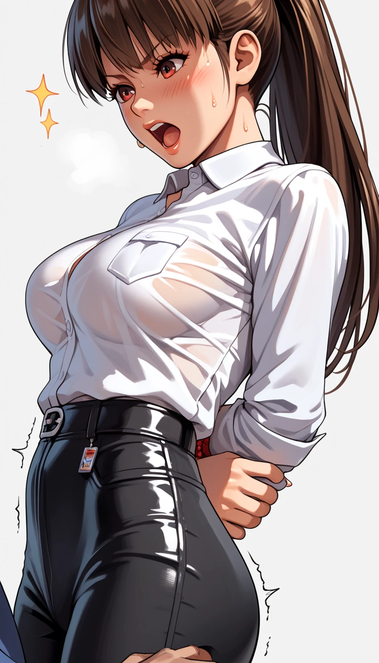 LeiFangDOA, gasp, 1 girl and 1 male, a male holding girl’s hip, glossy black pants, glossy white business shirt, arms behind back, {{arching the body backward}}, office lady, be breathless, sweat, sparkling sweat, trembling, long brown straight hair, breasts, [[angry]], blush, {anguish}, {{shameful}}, from side,