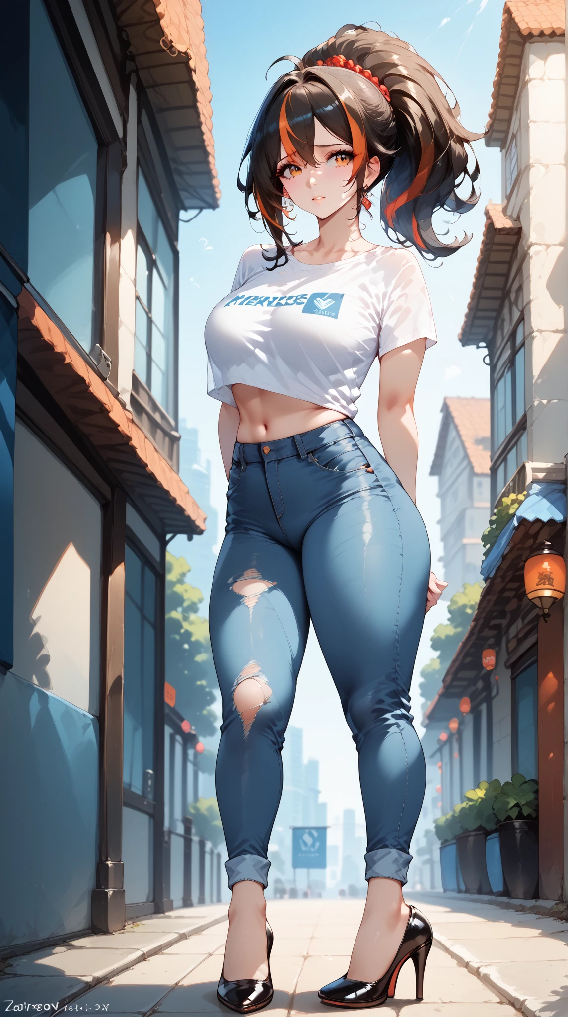 Masterpiece, extremely detailed, high quality,4k,solo,1girl,fullbody,((tall and slim body)),zhuyuan,large breasts, long legs,ponytail streaked hair,beauty eyes,((worried)),arms behind back,looking at viewers,white tshirt,ripped  jeans,high heels,front look, foward facing pose