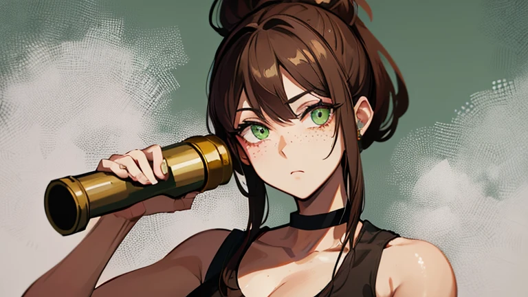 -anime style- -masterpiece- -high quality- A woman with dark brown hair, freckles, green eyes, hair up, wearing a white sleeveless t-shirt, short ripped jeans, serious expression. Closeup of her holding a torch in a pipe
