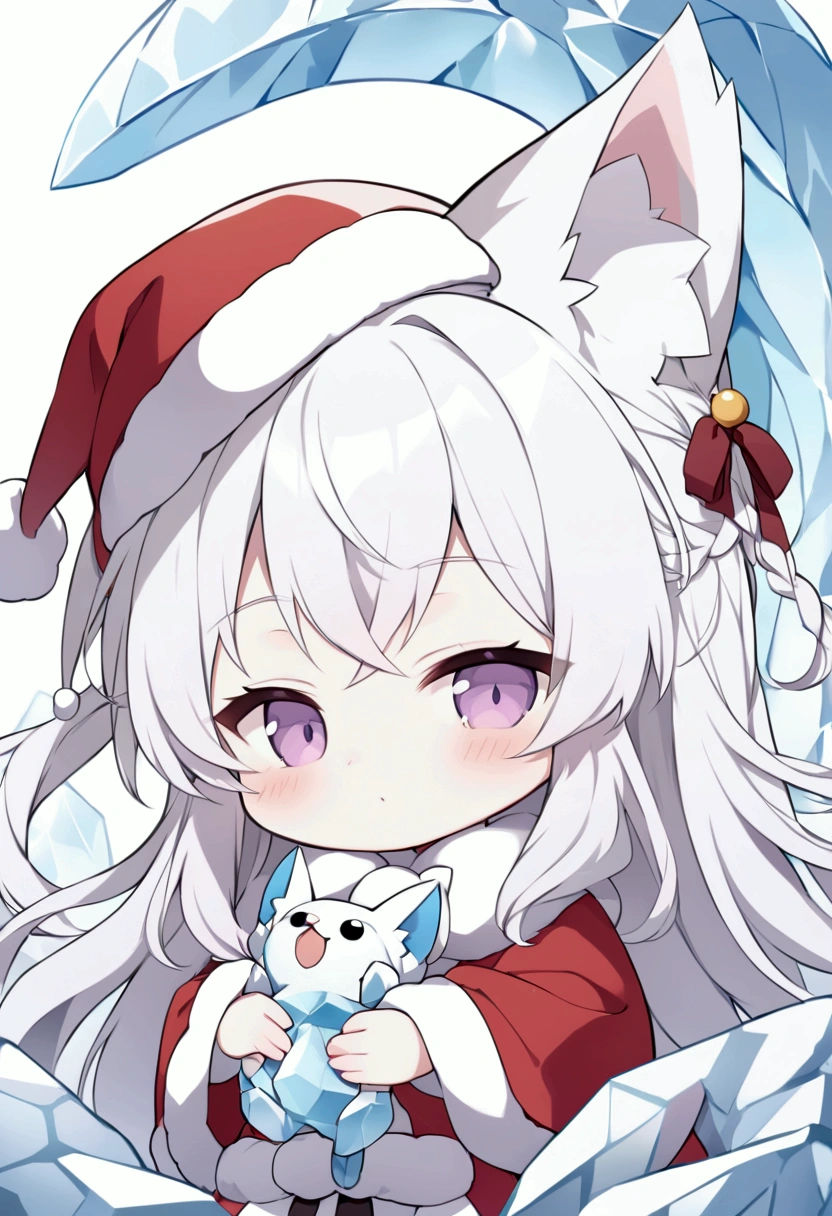 The Demon Fox's : Long Hair,Santa Claus costume and hat ,White Fox Pet , The background is a shrine made of ice,Chibi character,anime,