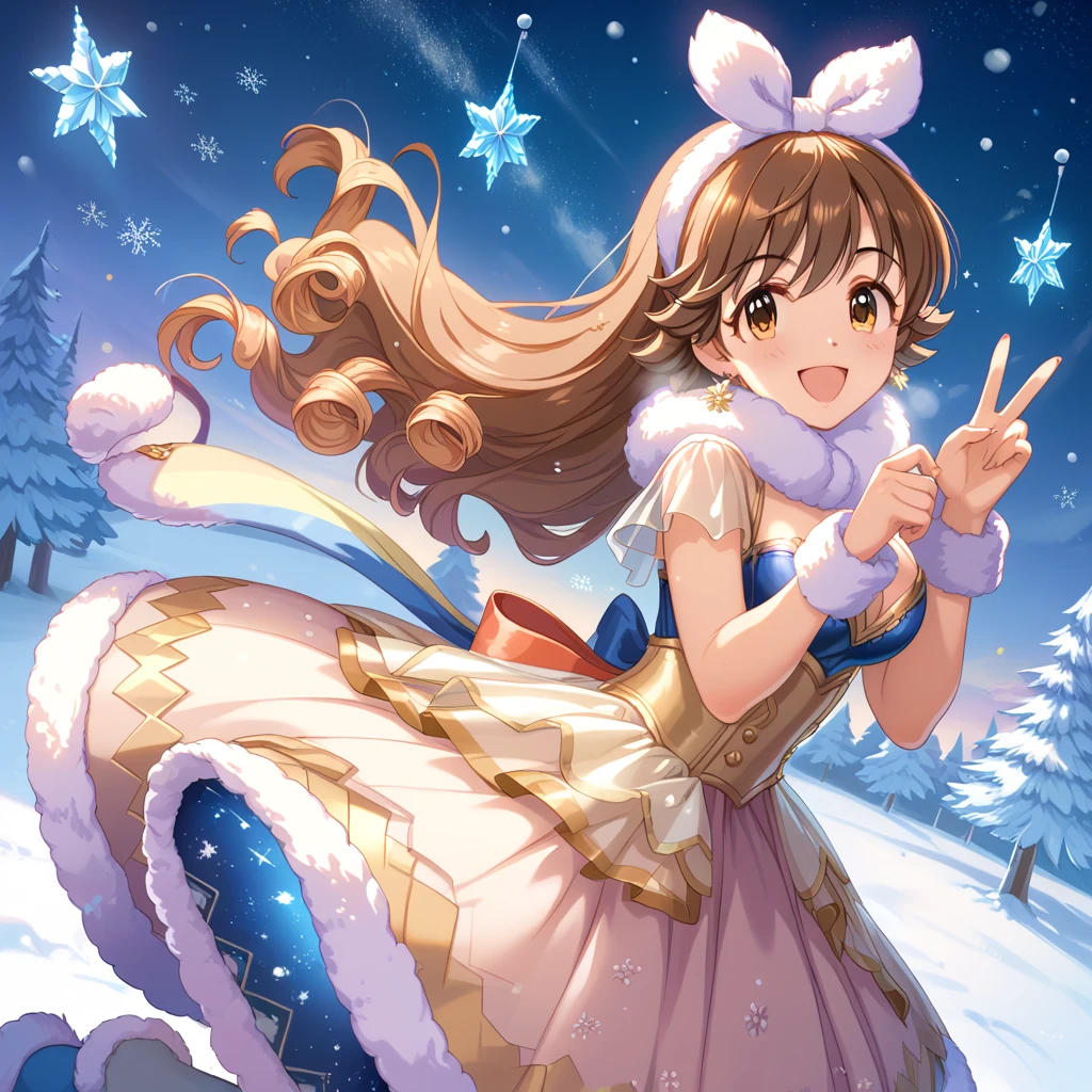 A lively and cheerful young woman, Honda Mio, stands under a breathtaking winter sky, her arms spread wide as she gazes upward at the twinkling stars. Her brown hair is gently tousled by a soft winter breeze, and her expression is one of pure wonder and joy. She wears a warm, cozy dress and the snow-covered ground around her is bathed in the soft glow of the starry night. The air is crisp, and the vastness of the clear, starry sky stretches endlessly above her, creating a serene yet exhilarating contrast with her vibrant, energetic presence. The scene is filled with a sense of awe and peace, as the stars shine brightly in the cold, winter night.
