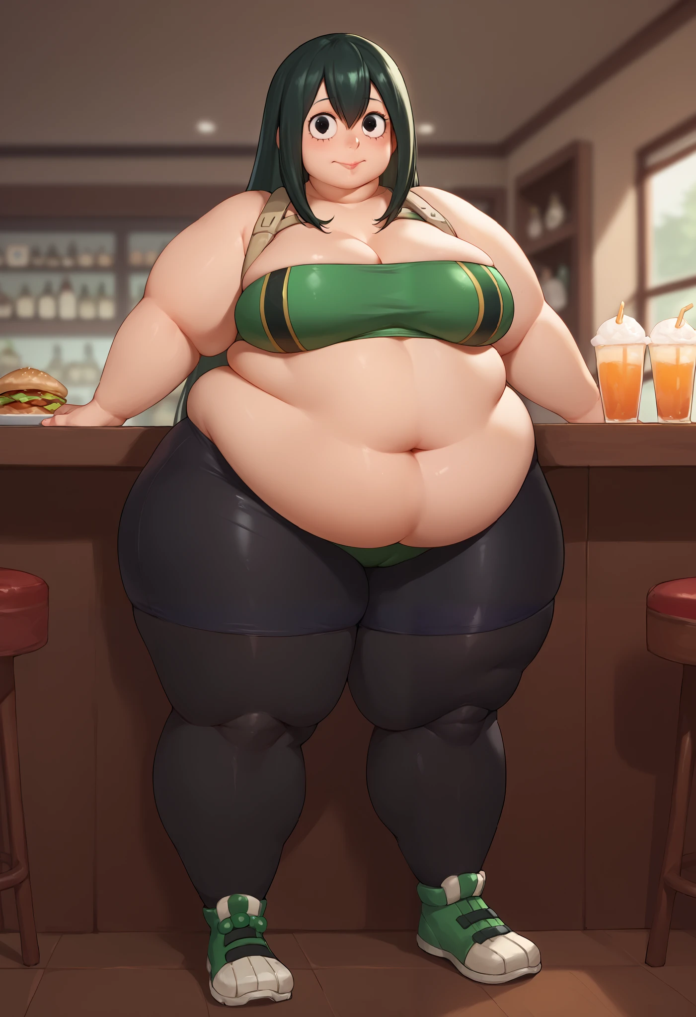 score_9_up, score_8_up, score_7_up,score_6_up, score_5_up, score_4_up, ,1girl, solo, superhero, BREAK asui tsuyu, black eyes, black hair, boku no hero academia, breasts, frog girl, green tube top, black bike shorts, midriff, long hair, sexy, BREAK flirting, cowboy shot, restaurant background, fat, chubby, obese, full body shot 