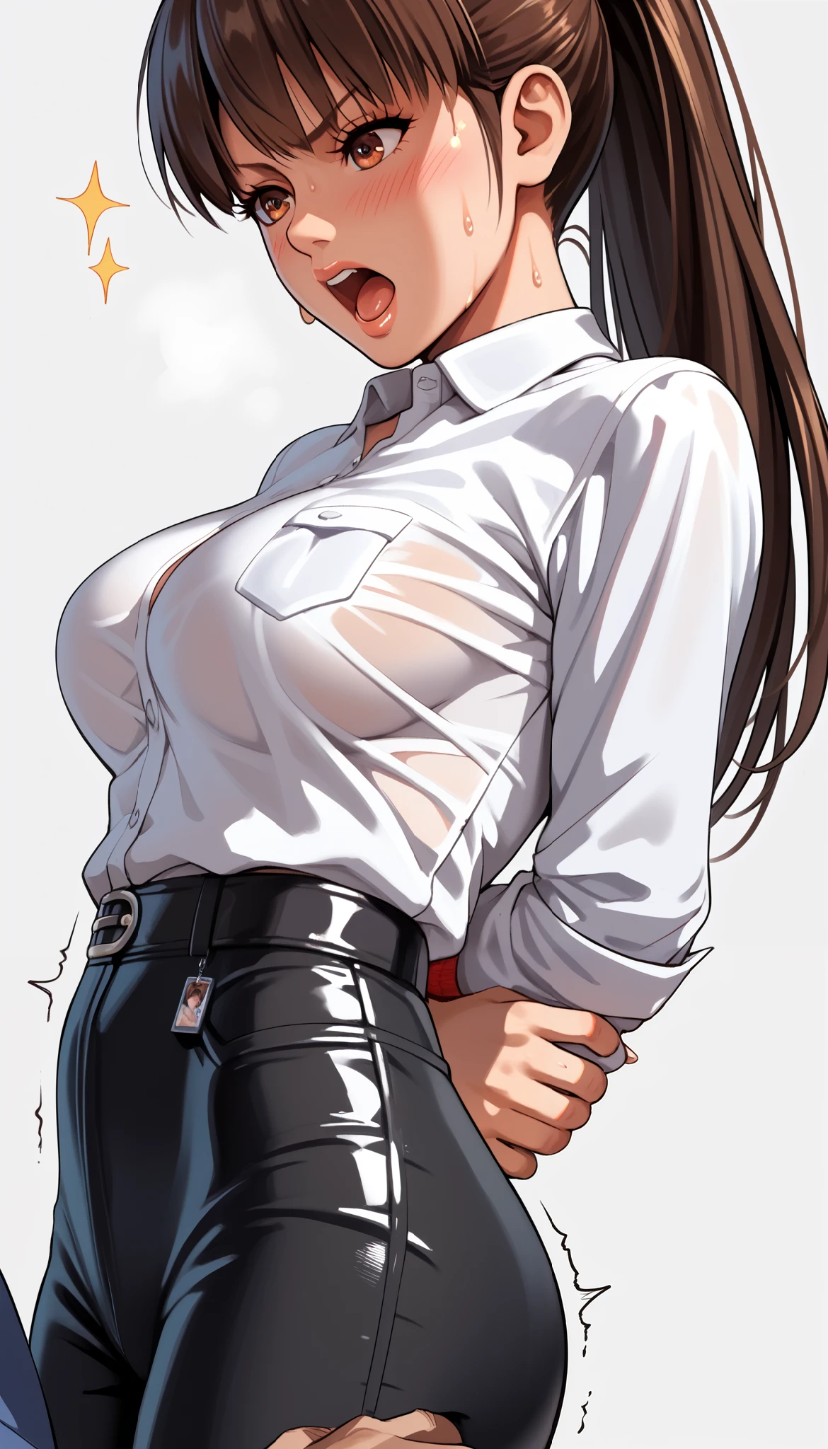 LeiFangDOA, gasp, 1 girl and 1 male, a male holding girl’s hip, glossy black pants, glossy white business shirt, arms behind back, {{arching the body backward}}, office lady, be breathless, sweat, sparkling sweat, trembling, long brown straight hair, breasts, [[angry]], blush, {anguish}, {{shameful}}, from side,