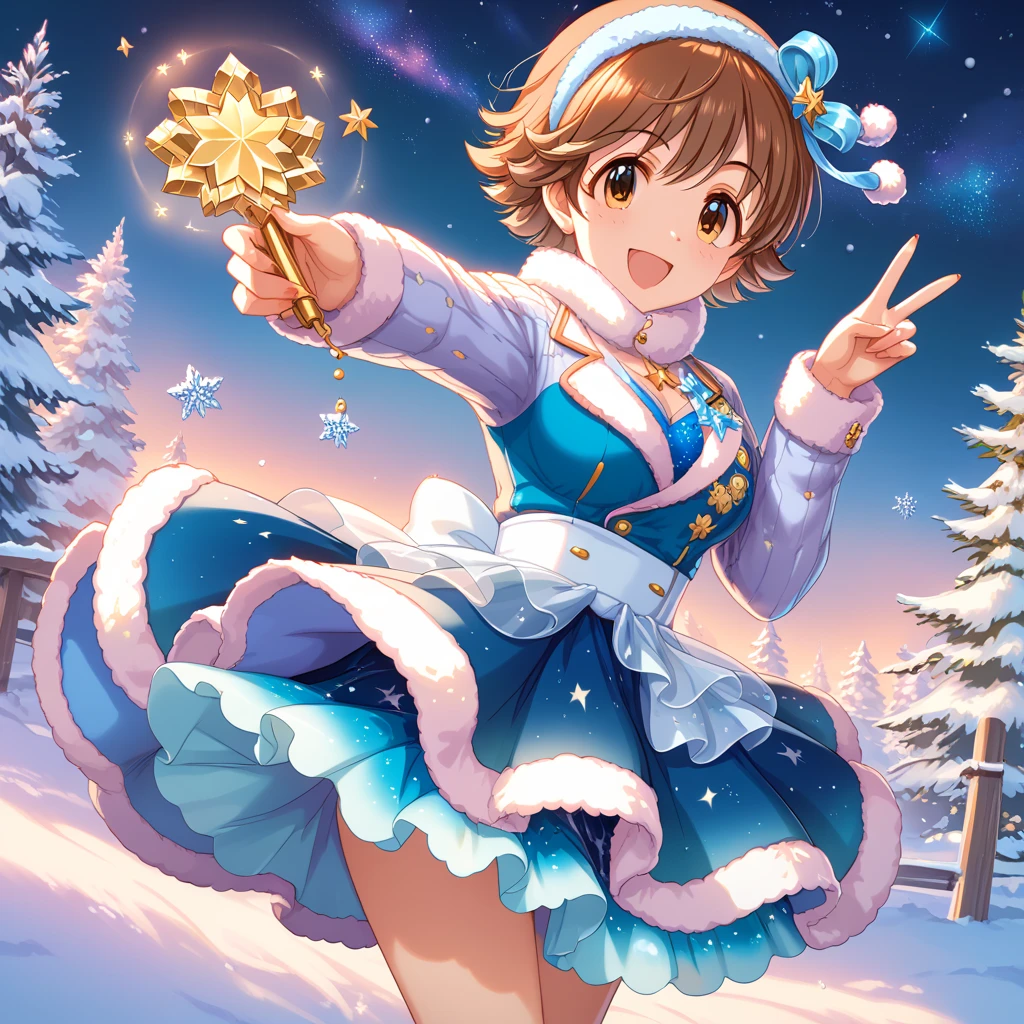 A lively and cheerful young woman, Honda Mio, stands under a breathtaking winter sky, her arms spread wide as she gazes upward at the twinkling stars. Her brown short hair is gently tousled by a soft winter breeze, and her expression is one of pure wonder and joy. She wears a warm, cozy dress and the snow-covered ground around her is bathed in the soft glow of the starry night. The air is crisp, and the vastness of the clear, starry sky stretches endlessly above her, creating a serene yet exhilarating contrast with her vibrant, energetic presence. The scene is filled with a sense of awe and peace, as the stars shine brightly in the cold, winter night.
