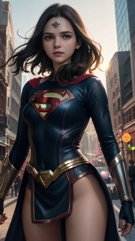 Woman wearing detailed SuperMan costume with full sleeves covering the entire body, short black hair, serious face, (flying in sky), vivid colors, dramatic lighting, red cape, cinematic costume, carbon fiber detailed suit,