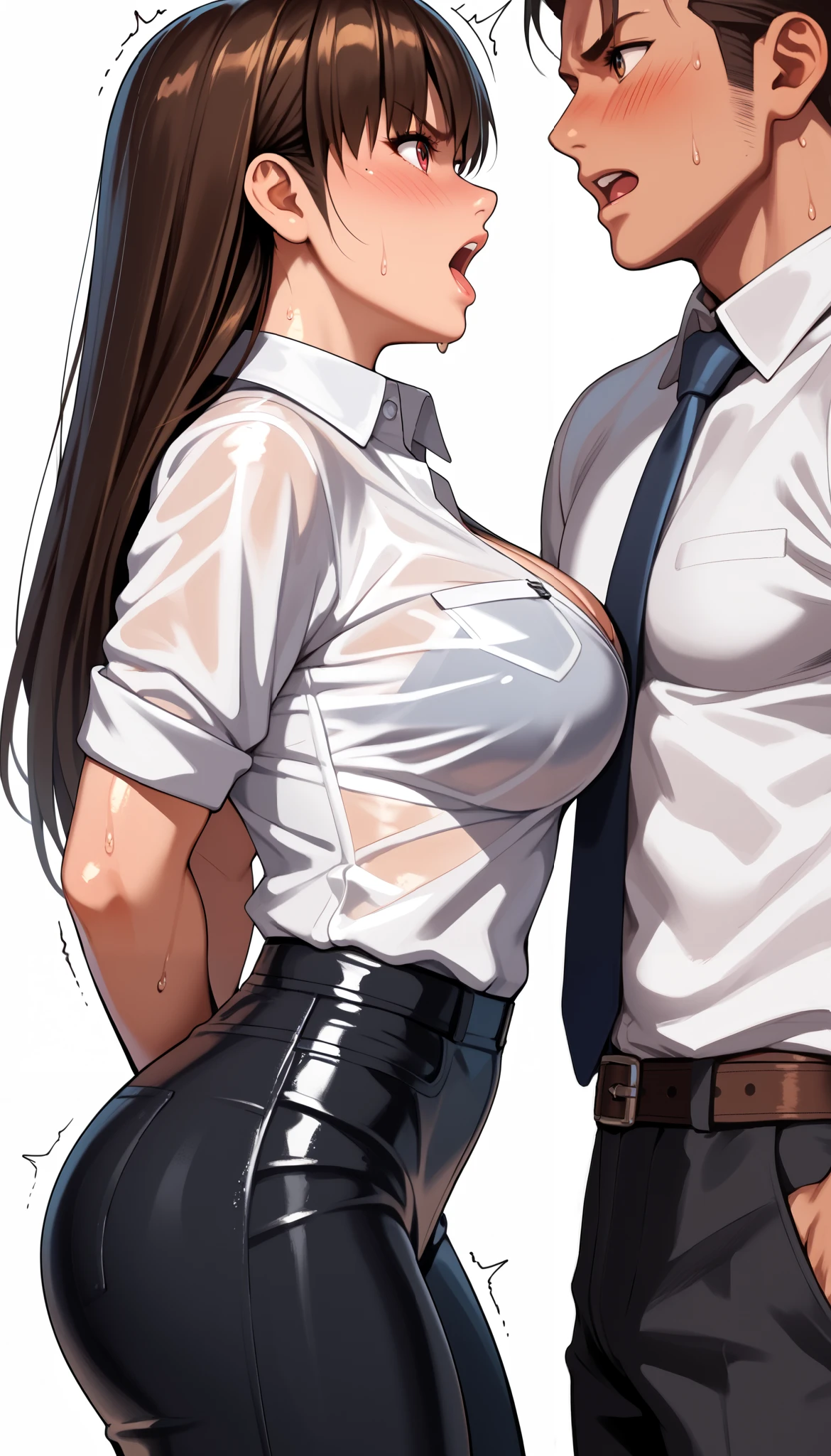 LeiFangDOA, gasp, 1 girl and 1 male, a male holding girl’s hip, glossy black pants, glossy white business shirt, arms behind back, {{arching the body backward}}, office lady, be breathless, sweat, sparkling sweat, trembling, long brown straight hair, breasts, [[angry]], blush, {anguish}, {{shameful}}, from side,