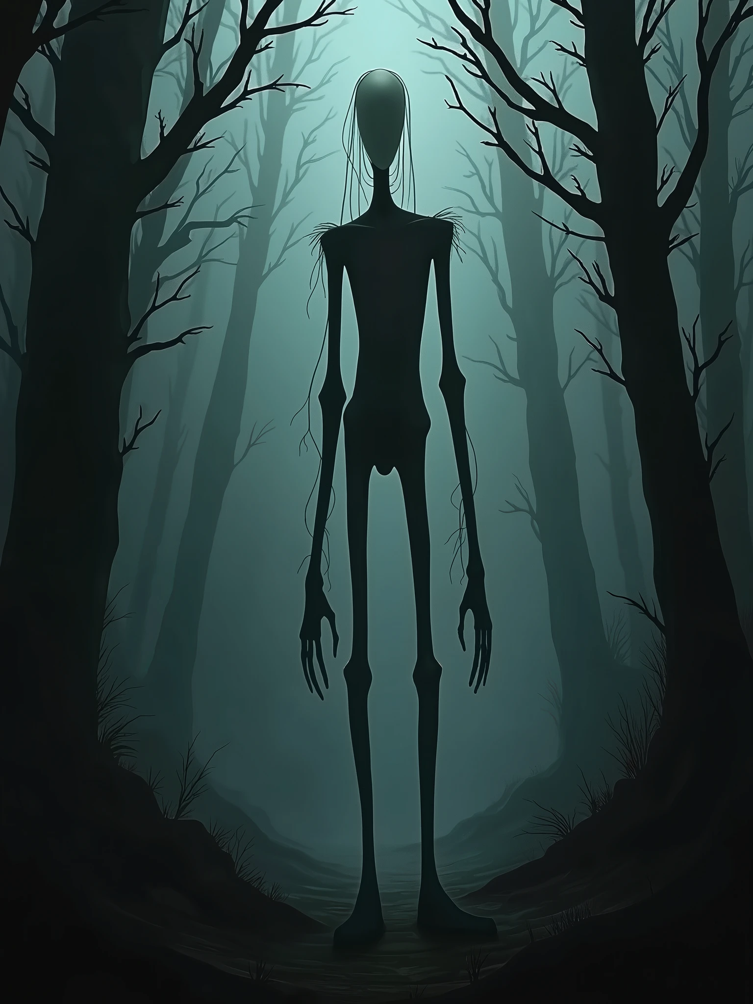 Scrawny man standing in dark forest surrounded by fog, eerie figure in black suit with very long arms and legs and no face, disturbing silhouette, young, scrawny, tall silhouette, one dark figure standing in ominous forest, blur, horror, dark fantasy, moody, cinematic lighting, The words "Slender Man" written in large letters at the bottom of the screen,