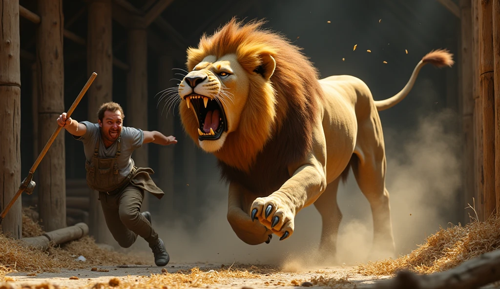 The lion roars and charges at Hercules, but he dodges the attack.
