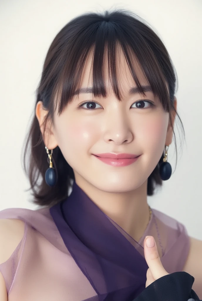  1 girl, ( wearing a dark purple dress :1.2),  portrait of a very beautiful Japanese idol,  Face Closeup ,
( RAW photo,  best quality), ( realistic ,  realistic :1.4), (  Masterpiece ), 
  so delicate and beautiful ,  very detailed, 2k wallpaper,  Stunning , finely,  very detailed CG Unity 8K wallpaper,  very detailed,  high definition , Soft light, 
 Beautiful Detailed Girl ,  very detailed目と顔,   walking path with beautiful and sophisticated noses , delicate beautiful eyes,  movie lighting, 
(Simple light colored background :1.3),
( Medium Hair ), 
 COMPLETE ANATOMY , 細身の体,  small breasts, smile