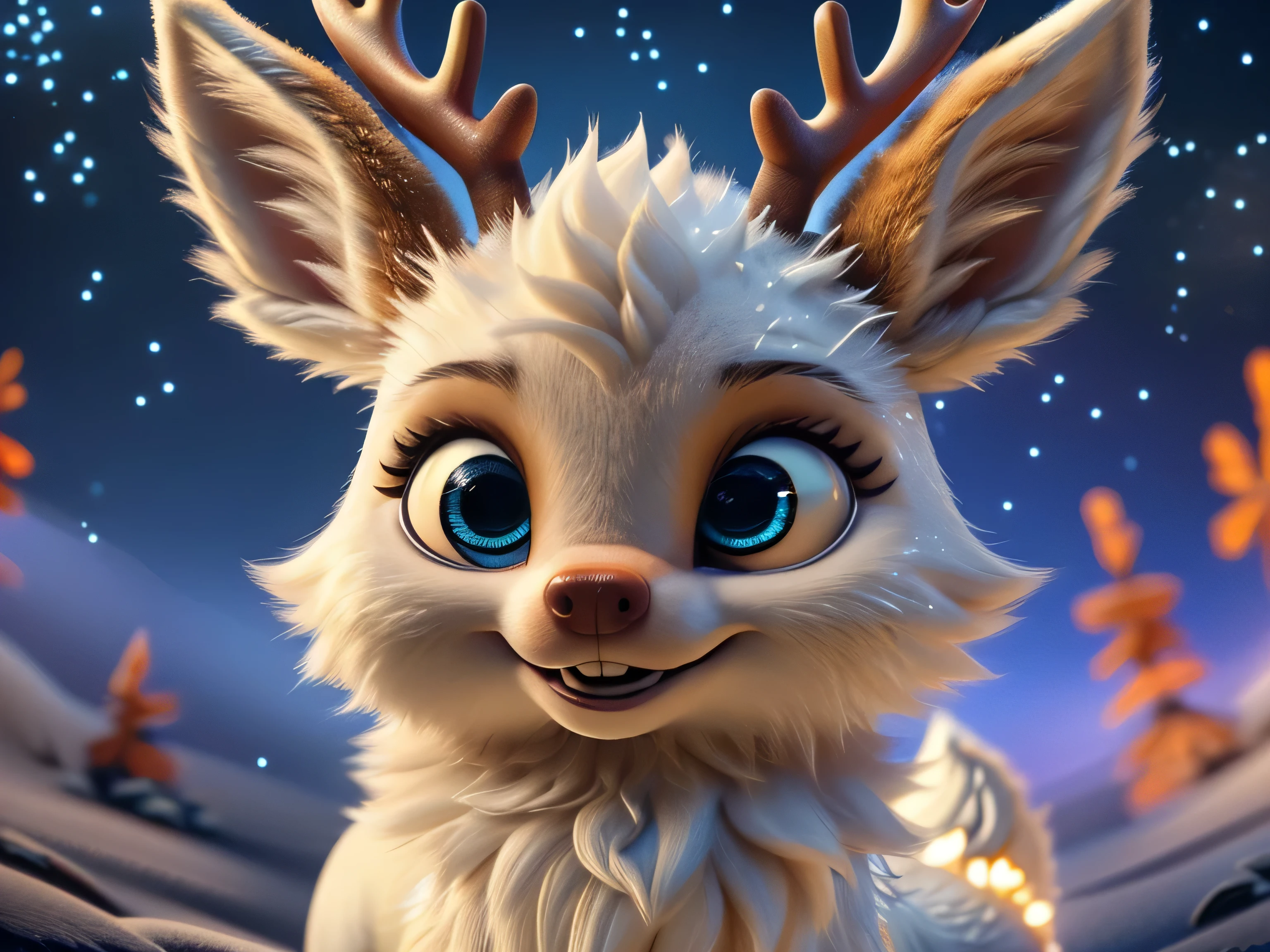 Magical Fantasy Creature, (Best Quality, Masterpiece, Representative Work, Official Art, Professional, Super Detailed, 8k:1.3), (Photorealism:1.2) Super Cute, Big Eyes, Soft, Soft Nose, Fluffy, Double-Toothed Smile, Aurorastyle, Highly detailed Dynamic shot of majestic adorable baby reindeer, high quality, beautiful masterpiece, fantasy creature, kawaii, digital art, glowing sparkles, Realistic, Beautiful, Stars in Eyes, Soft Volumetric Light, (Backlight:1.3), (Cinematic:1.2), Intricate Details, (ArtStation:1.3), --auto --s2