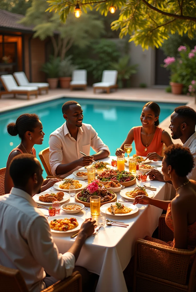 generate a photo of a black man with his beautiful half cast family of wife and brown four kids two girls and two boys wearing bikinis seated next to a swimming pool at the backyard of their huge two storey building enjoying a meal