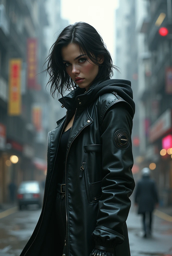 one Beautiful woman. Dark brown hair, pixie haircut. blue eyes. daring outfit. goth tomboy. maidenly charm. space rogue assassin. trenchcoat. Dark sci-fi. Warhammer 40k. Dieselpunk. baroque oil painting.