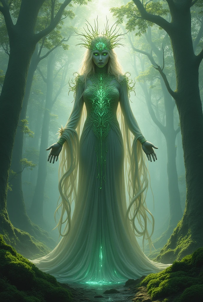 hyper realistic and highly detailed, a cinematic panoramic frontal shot of a beautiful Elven Queen holding a glowing staff wearing ethereal floating robes, detailed beautiful glowing eyes, concept art, dark fantasy art, epic full color illustration, pure yellow and ivory hues, atmospheric haze