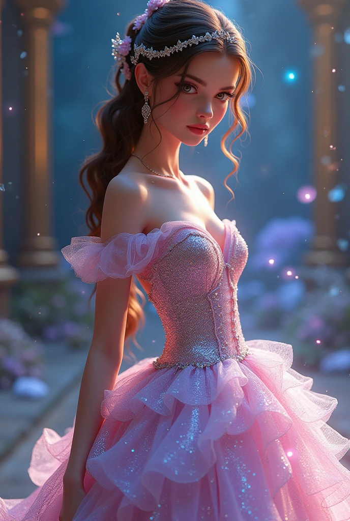 ((Selena Gomez)) in a colorful christmas dress holding a christmas cake, wearing a winter christmas dress made of beads, wearing dress, with colored snow crystals, dressed in a snow crystal, wearing a wonderful dress, colorful winter dress,  an intricate christmas dress, detailed dress, sexy dress, opened dress, wearing a long flowery dress, beautiful dress, 👅 👅