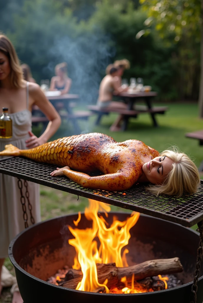 a woman cooks a man's hard cock on a grill, she is beautiful and nude, blonde hair, blue eyes