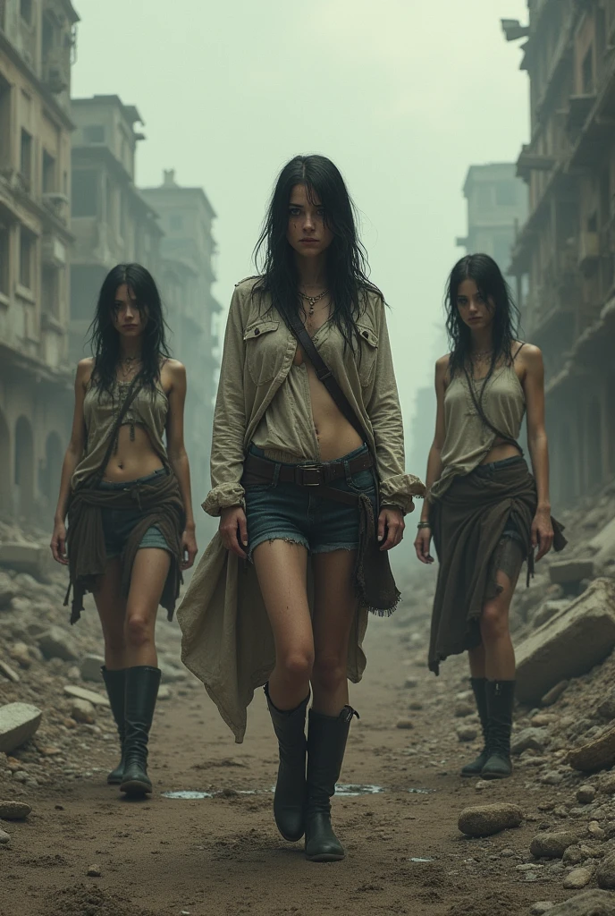 4 Lesbian girls in act of armed rebellion in moroccan crowded streets. Full bodies shot
