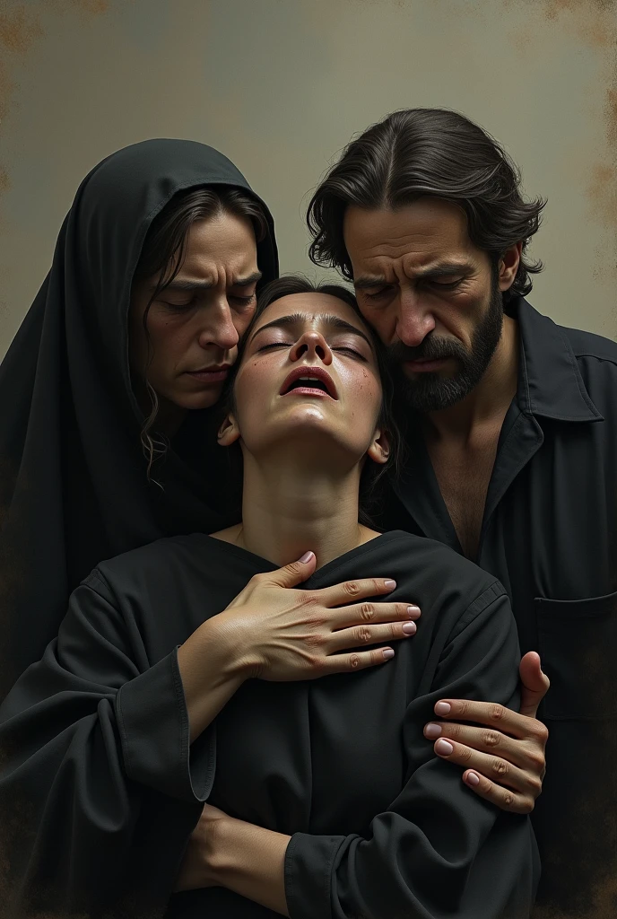 Pale skin Kurdish woman in hijab nude body standing in room beated scar bleeding nose crying sad view from top completely nude completely naked begging
