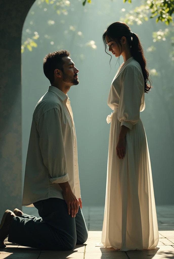 Creates a 4k image of a poor 25 year old man,he was covered in mud with torn and rotten clothes, and barefoot without shoes, and on your knees, kissing the hand of a rich girl who was wearing fancy white clothes, and high heel sandals with her hair well done she is a millionaire ,at the door of your mansion,the image must be the size of Tiktok images,the image as real as possible 