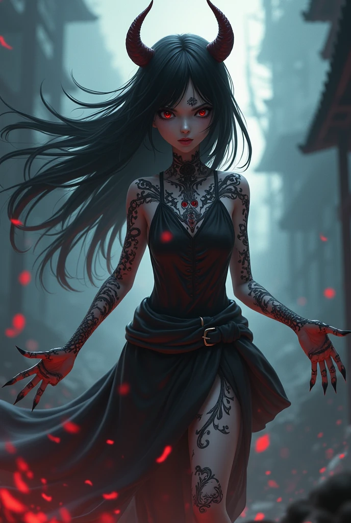 Demon, horns, and a red forked tongue.red eyes and earrings on the ears. With long, black claws, best quality , masterpiece, high resolution, 4k