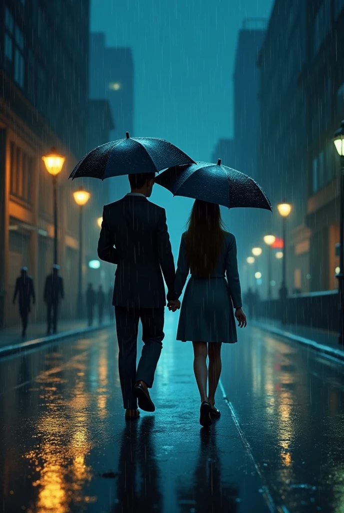 Back scene of A couple walking under an umbrella; girl short; boys hand on girls shoulder; a bag on boys one shoulder; walking on the rainy street