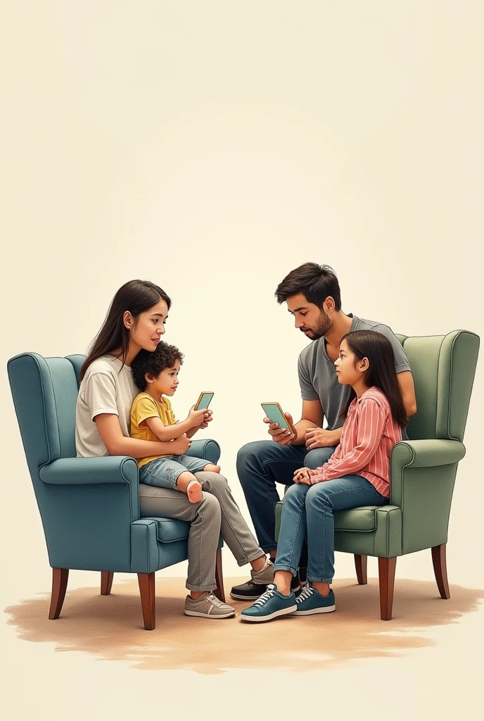 The image shows a mother and father wearing purple clothes sitting in a comfortable living room., surrounded by children who are busy studying and playing with their gadgets. This mother looks happy and relaxed, with a warm purple and minimalist room background and a purple Wi-Fi network visible surrounding it. On the wall is a Wi-Fi router "My Republik" small white color that stands out with a modern design. Natural purple light enters through the large windows., add a comfortable and harmonious atmosphere to the family. Writing on the picture: "My Republic - Fast Internet, Thrifty Family".