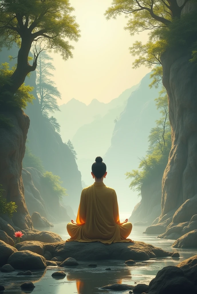 A monk sitting under the tree and meditate where animals and birds walking around and powerful big chakras appear on the head .in  the edge of mountain  and writing meditation and ohm symbol with spiritual energy 