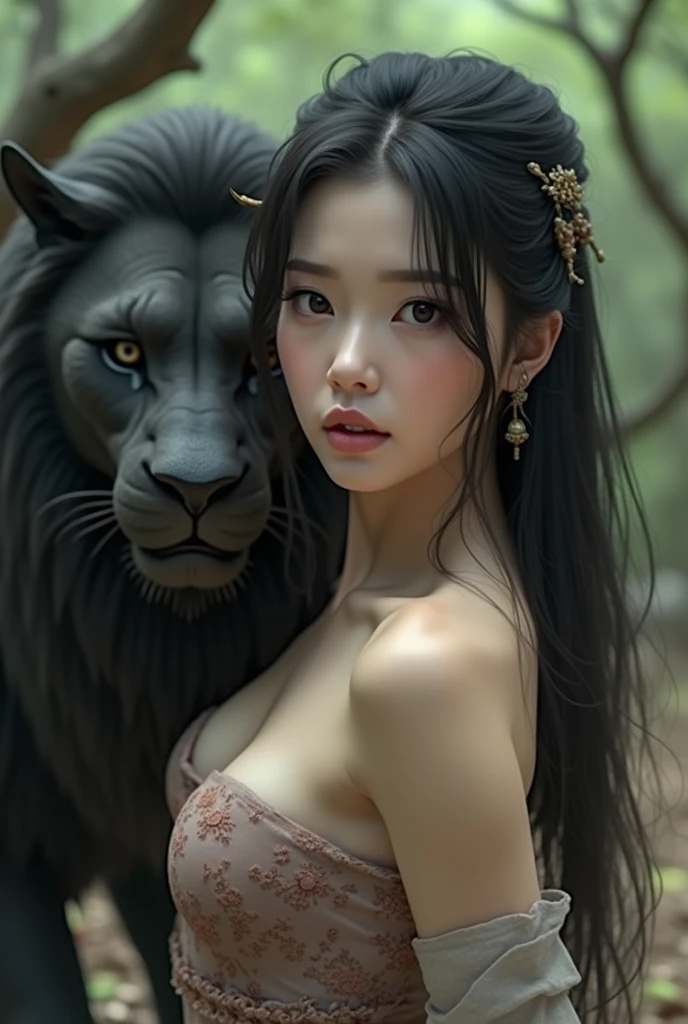 a very high resolution image of a warrior and a black lion. The image was created in a real anime style, highly detailed, and shows a beautiful warrior wearing only scraps of clothing, which leave her entire tattooed body visible with a highlight. The high detail of the image with soft and romantic shading, with cinematographic lighting, leaves the image with a perfect composition. This captivating scene is captured in stunning high-tech digital art, where every pixel conveys a sense of surreal, otherworldly beauty. The colors are vibrant, electric and pulsating, bringing the heroic figure to life in mesmerizing detail