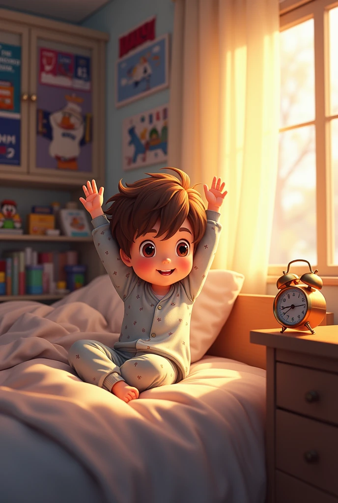Timmy Making His Bed: "A boy smoothing out a bedspread and fluffing pillows on a neatly made bed in his room."