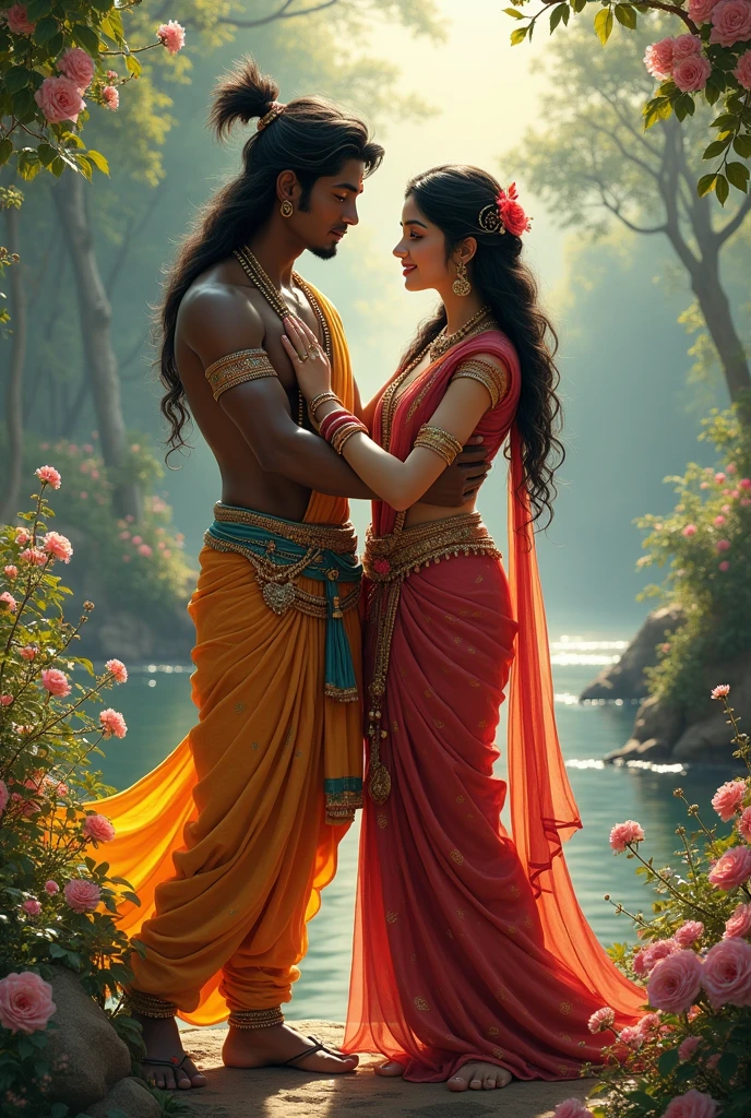 Ram sita romantic time in a jungle at the dusk below a tree