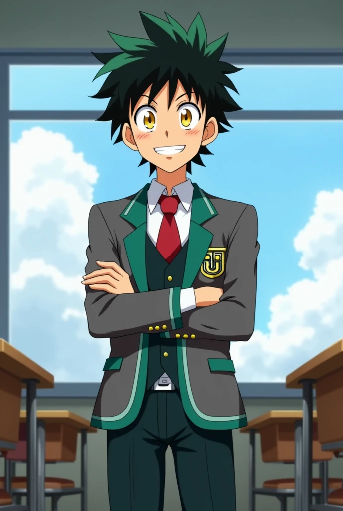 Atsuki Demataretsu Captura Pantalla de My Hero Academia. Curly hair boy, dark and long, with bangs. He has orange eyes with phosphorescent green and has a happy expression. He is wearing the UA uniform and in the background he has a school class with tables.