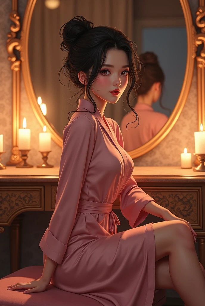 Attractive long haired woman in red florral lacy robe,looks teasing