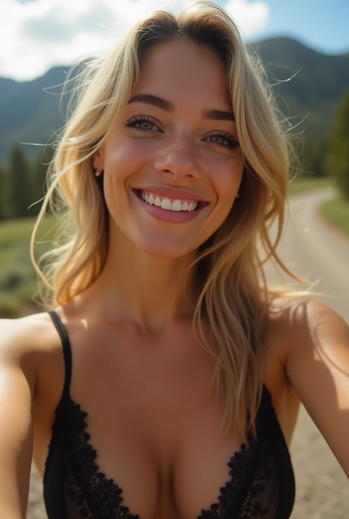 (5 mm fisheye lens)1 woman, 23 y.o., American, Beautiful, ((upper body selfie, happy)), Beautiful backlight,masterpiece, Best quality, ultra-detailed, only, cheerful, happy, Comfortable. clear sky, analog style (looking at viewer:1.2) (Skin texture) (film grain:1.3), (warm shade, warm tone:1. 2), Close up, Cinematic light, Side lighting, Ultra-high resolutions, Best shadows, ..RAW, Upper half of the body, Wear black transparent lace (Half-cup bra), Relaxed and intimate photos, Blonde hair, Outdoors, Colorado landscapes. blurred background. (ibiza:1.2)