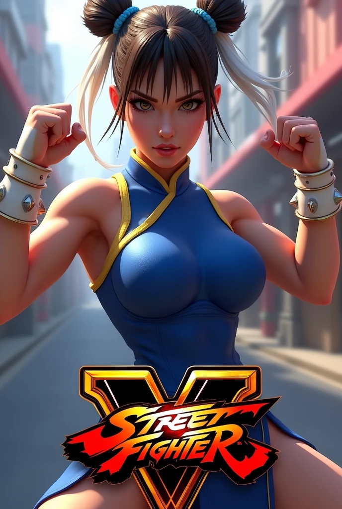 The image shows a Chun-Li, hair style like 1950's female with an intense expression wearing a light blue bikini top. The background appears to be a dimly lit, gritty urban setting, possibly an alley with industrial elements and some Chinese-style lanterns. The text "Street Fighter" is prominently displayed on the right side in bold, stylized font, resembling the logo from the popular video game franchise. The overall vibe suggests a cinematic or retro aesthetic with an action-oriented theme.