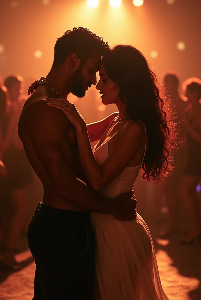 A young Puerto Rican man hairy bearded strong muscular red underwear bulge bulge, having his open underwear pulled down by a beautiful woman in red panties crouching in front of him, in performance on a stage of a television program presented by a famous presenter.