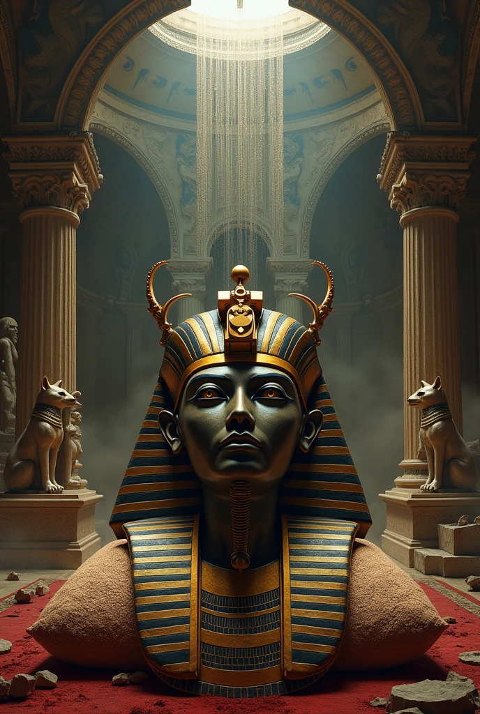 Egyptians and aliens built the pyramids. With cutting-edge technology A flying saucer shines down on the pyramid.
King Pharaoh and Creophraratran sat on the throne.
There are two Sophinks sitting next to each other in the desert.