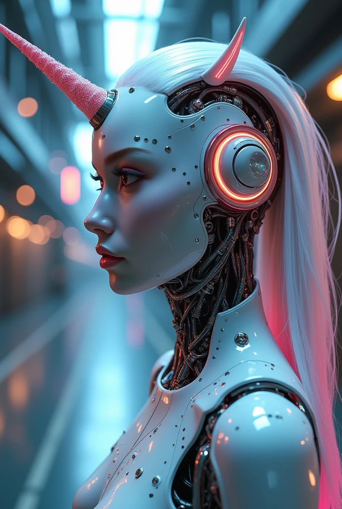 (best quality,4k,highres,masterpiece:1.2),ultra-detailed,(realistic,photorealistic:1.37), A breathtakingly beautiful female humanoid unicorn cyborg android, (a shimmering unicorn horn:1.8), porcelain skin, striking eyes, delicate features, futuristic sci-fi, intricate mechanical parts, glowing cybernetic implants, elegant and graceful pose, hyper-realistic, photorealistic, masterpiece, 8k, ultra-detailed, cinematic lighting, dramatic shadows, vivid colors, highly saturated, neon highlights, glowing energy fields, complex machinery, sleek and modern, cutting-edge technology, advanced AI, seamless integration of organic and mechanical elements
